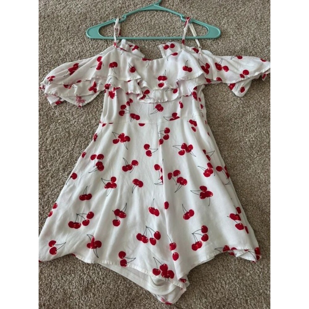 Charlotte Russe Cherry Romper Women's XS White Red Off Shoulder Ruffle Preppy